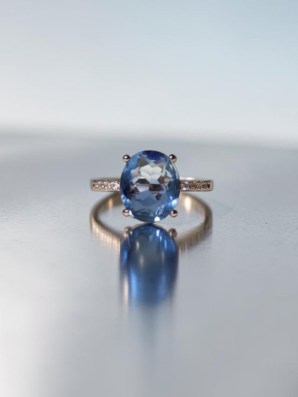 Sterling Silver 925 Rose Gold Oval Blue Topaz / Sapphire CZ Solitaire Ring